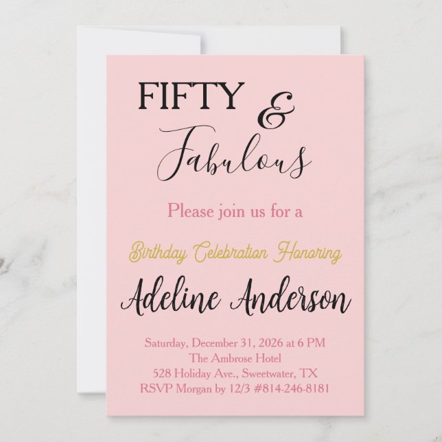 Whimsical Minimal 50 and Fabulous Pink Gold Black Invitation (Front)