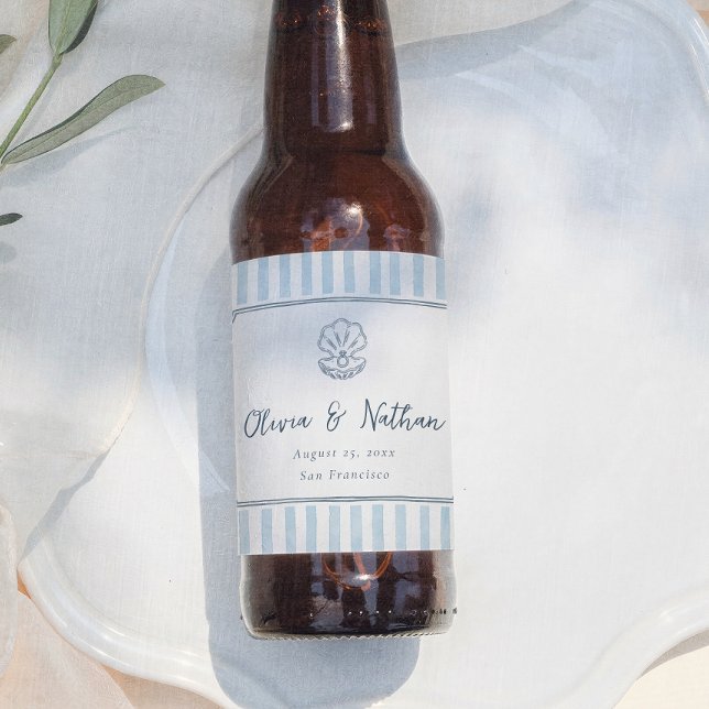 Whimsical Minimal Retro Blue Stripes Wedding Beer Bottle Label (Creator Uploaded)