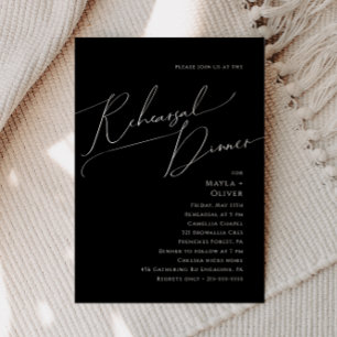 Whimsical Minimal Script   Black Rehearsal Dinner Invitation