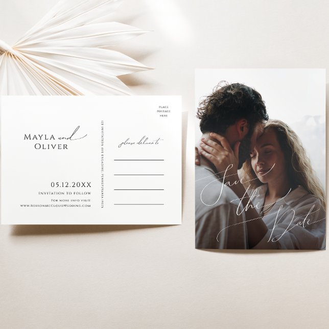 Whimsical Minimal Script Full Photo Save The Date  Invitation Postcard (Creator Uploaded)