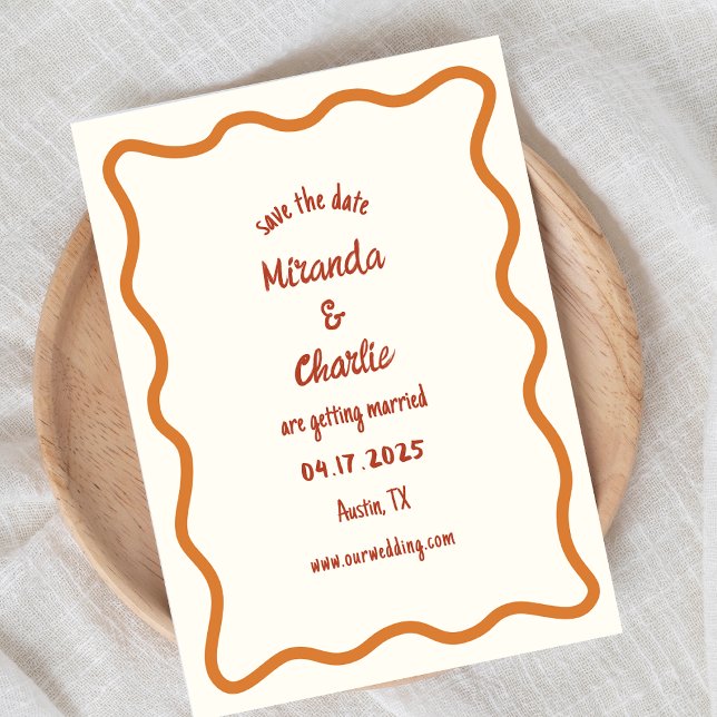 Whimsical Minimal Wavy Border Handwritten 70s  Save The Date (Creator Uploaded)