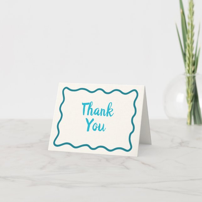 Whimsical Minimal Wavy Border Handwritten Teal Thank You Card (Front)