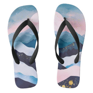 Whimsical Minimalist Gold Mountain Watercolor Flip Flops
