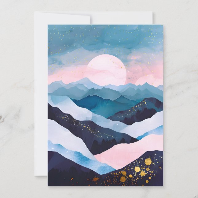 Whimsical Minimalist Gold Mountain Watercolor Holiday Card (Front)
