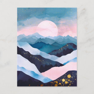 Whimsical Minimalist Gold Mountain Watercolor Holiday Postcard