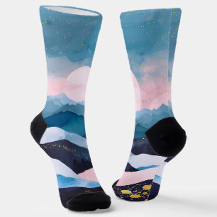 Whimsical Minimalist Gold Mountain Watercolor Socks