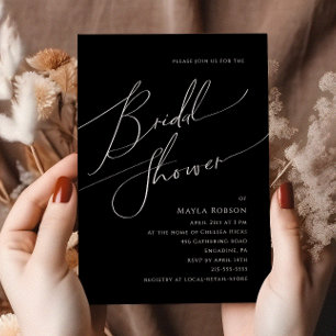 Whimsical Minimalist Script   Black Bridal Shower Invitation