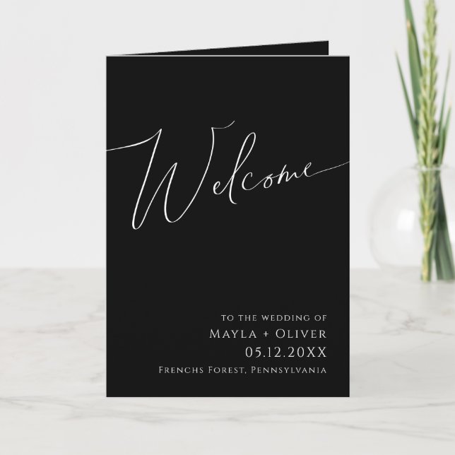 Whimsical Minimalist Script | Black Folded Wedding Programme (Front)