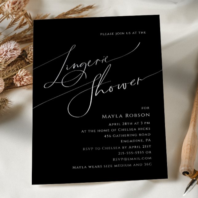 Whimsical Minimalist Script Black Lingerie Shower Invitation (Creator Uploaded)