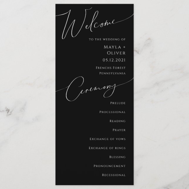 Whimsical Minimalist Script | Black Wedding Programme (Front)