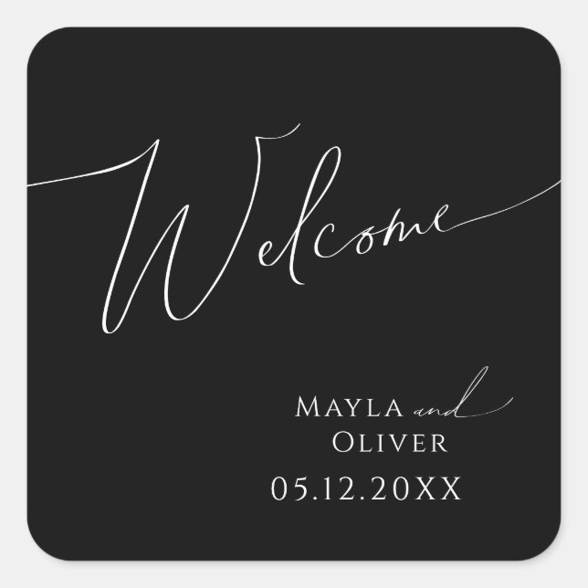 Whimsical Minimalist Script Black Wedding Welcome Square Sticker (Front)