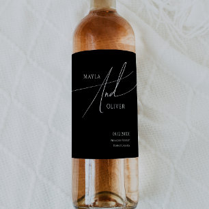 Whimsical Minimalist Script Black Wedding Wine Label