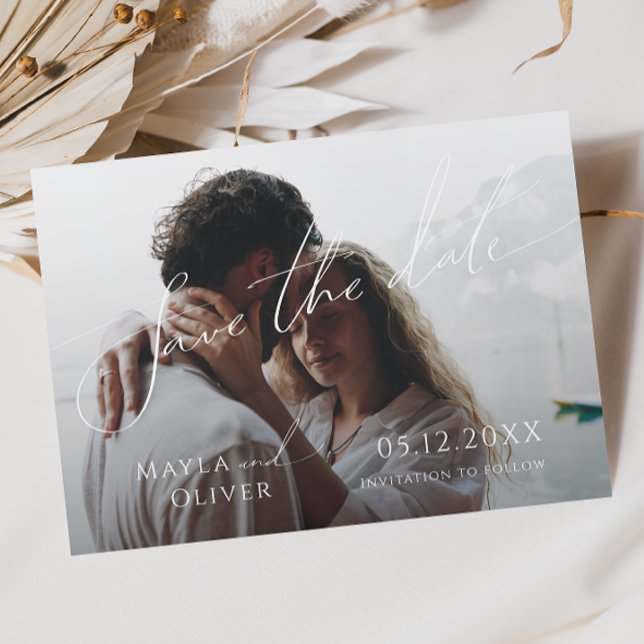 Whimsical Minimalist Script Faded Photo Save The Date (Creator Uploaded)