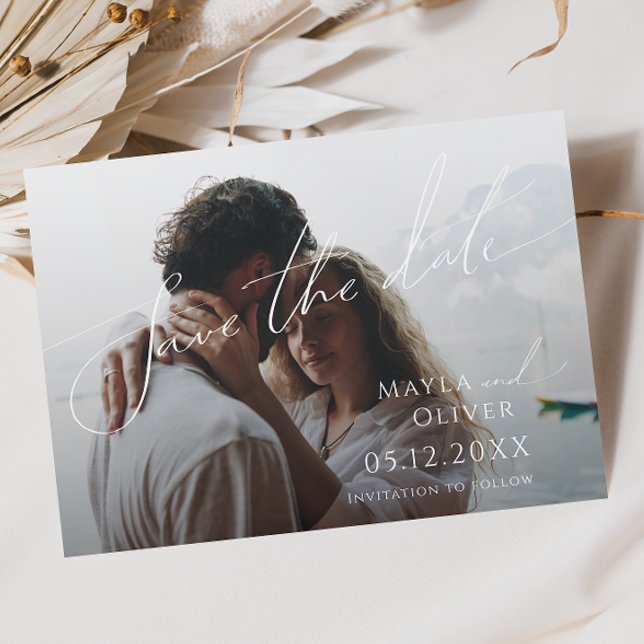 Whimsical Minimalist Script Horizontal Faded Photo Save The Date (Creator Uploaded)