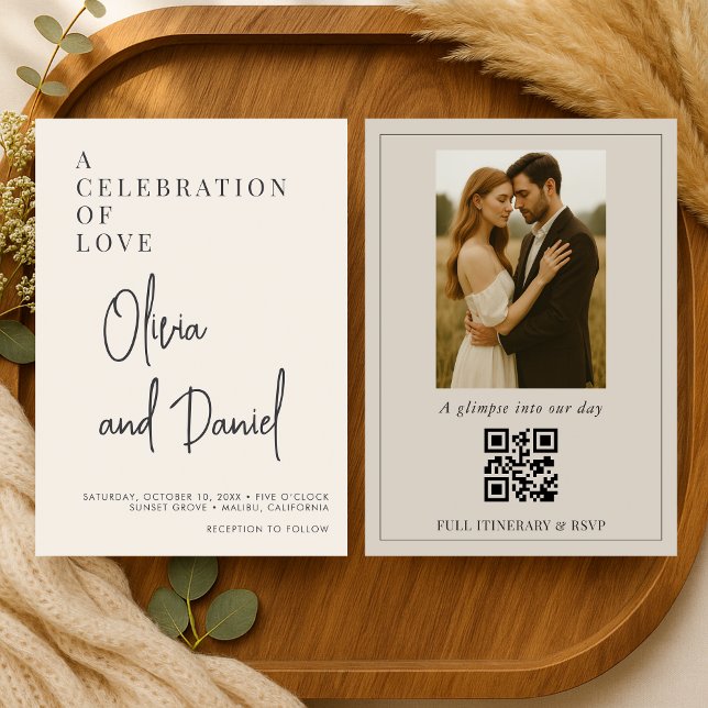 Whimsical Minimalist Script Photo QR Code Wedding Invitation (Creator Uploaded)