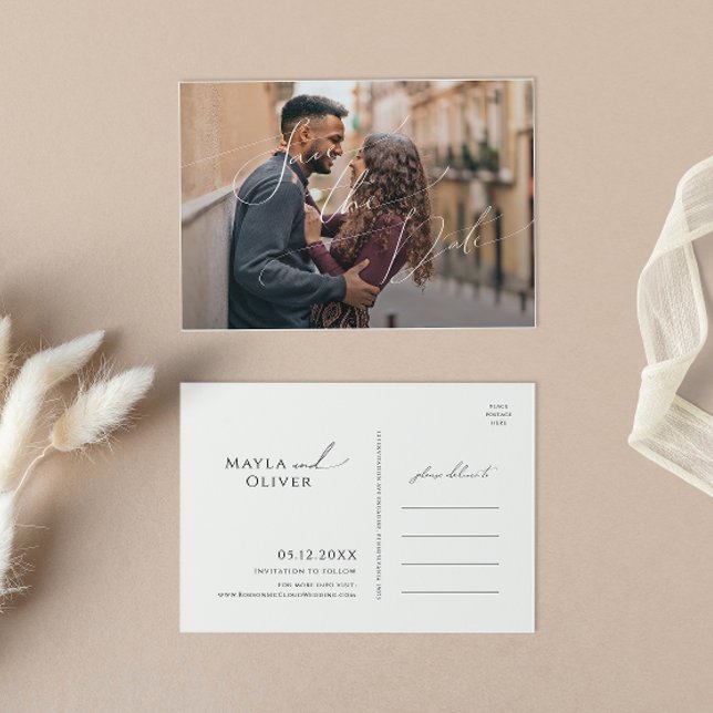 Whimsical Minimalist Script Photo Save The Date Invitation Postcard (Creator Uploaded)