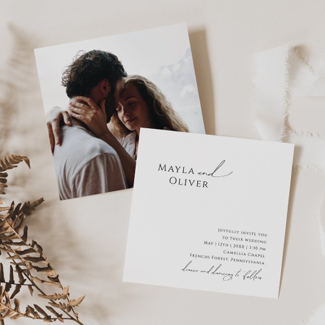 Whimsical Minimalist Script Photo Square Wedding Invitation (Creator Uploaded)