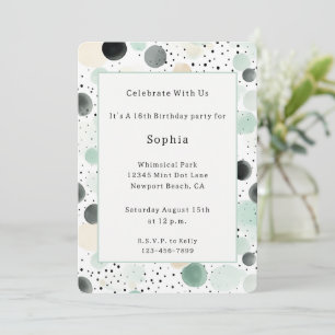 Whimsical Mint Black Cream Dots Birthday Invitation