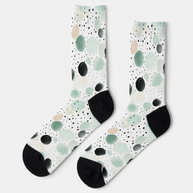 Whimsical Mint Black Cream Dots   Socks (Left)