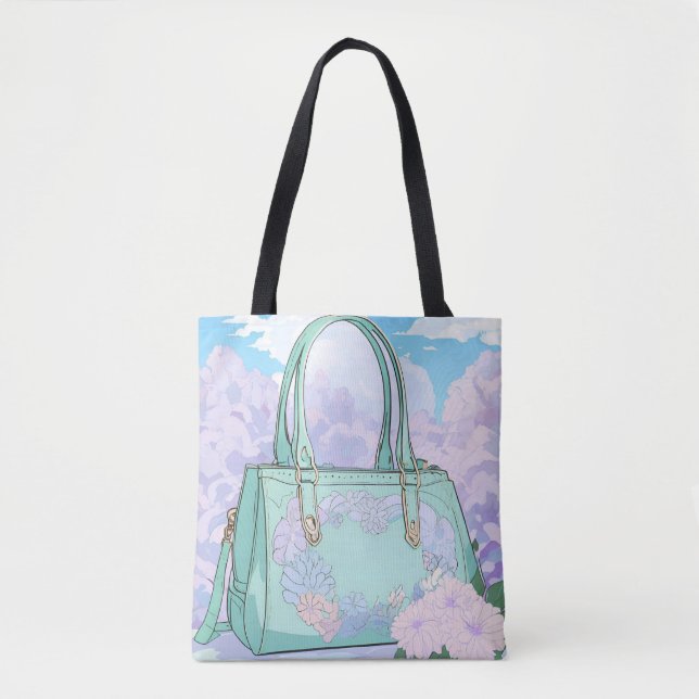 Whimsical Mint Floral Handbag Sky and Clouds tote  (Front)