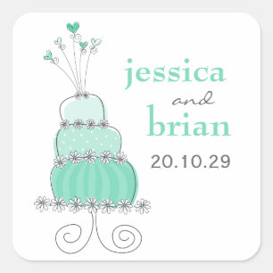 Whimsical Mint Green Sweethearts Chic Wedding Cake Square Sticker