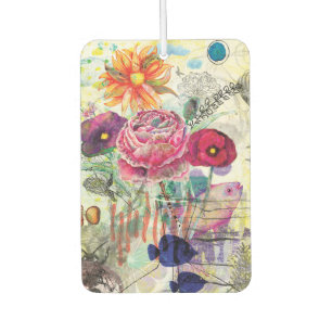 Whimsical mixed media collage art car air freshener