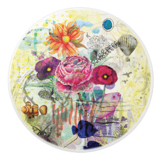 Whimsical mixed media collage art ceramic knob