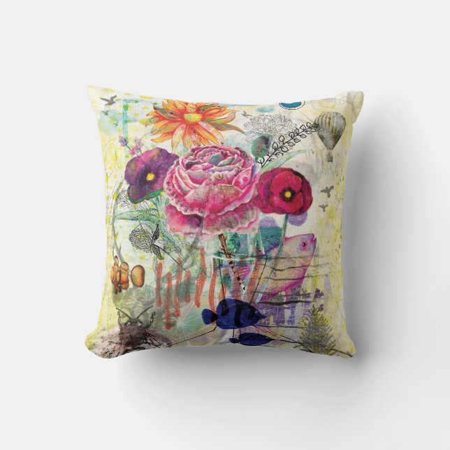 Whimsical mixed media collage art cushion (Front)