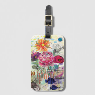 Whimsical mixed media collage art luggage tag