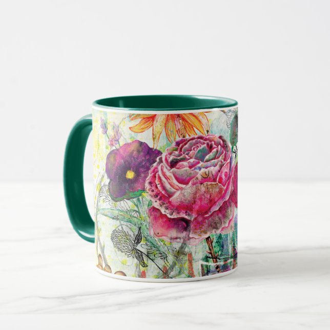 Whimsical mixed media collage art mug (Front Left)
