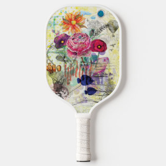 Whimsical mixed media collage art pickleball paddle