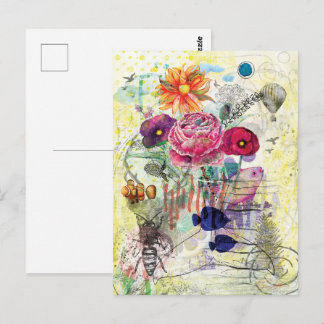 Whimsical mixed media collage art postcard