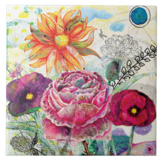 Whimsical mixed media collage art tile