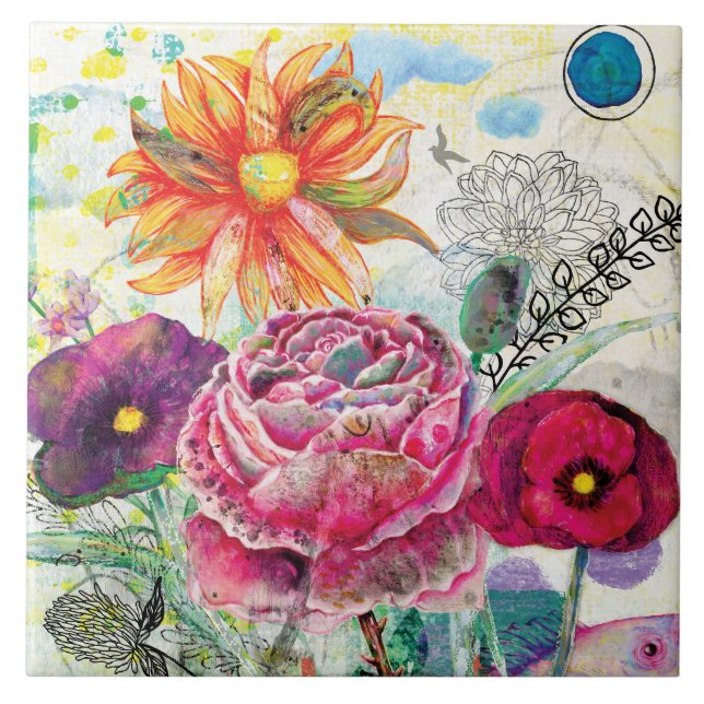 Whimsical mixed media collage art tile (Front)