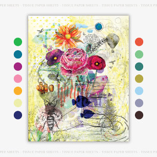 Whimsical mixed media collage art tissue paper