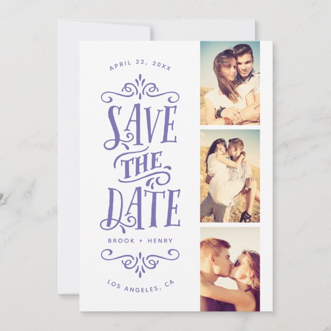Whimsical Mod 3-Photo Save The Date | Periwinkle (Front)
