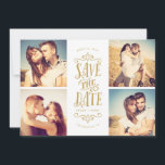 Whimsical Mod 4-Photo Save The Date | Gold<br><div class="desc">Announce your date in style with this 4-photo save the date card featuring bold typography. The reverse features a striped pattern and an additional photo and text.</div>
