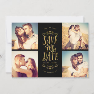 Whimsical Mod 4-Photo Save The Date   Gold Black