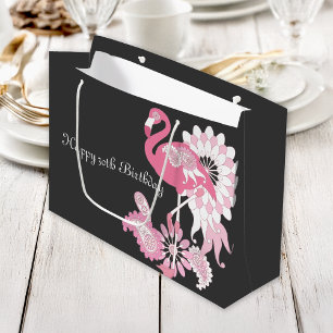 Whimsical Modern Black Pink Flamingo Birthday Large Gift Bag