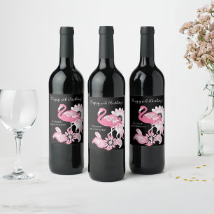 Whimsical Modern Black Pink Flamingo Birthday Wine Label