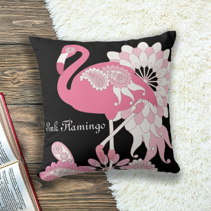 Whimsical Modern Black Pink Flamingo Cushion