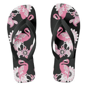 Whimsical Modern Black Pink Flamingo Flip Flops