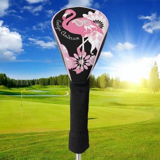 Whimsical Modern Black Pink Flamingo Golf Head Cover