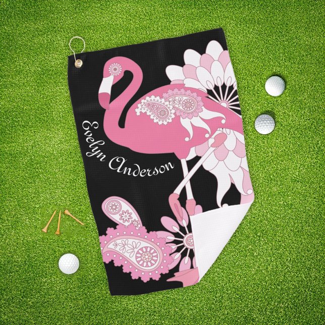 Whimsical Modern Black Pink Flamingo Golf Towel (Creator Uploaded)