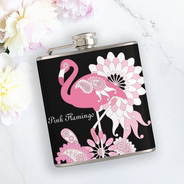 Whimsical Modern Black Pink Flamingo Hip Flask (Creator Uploaded)