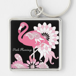 Whimsical Modern Black Pink Flamingo Key Ring