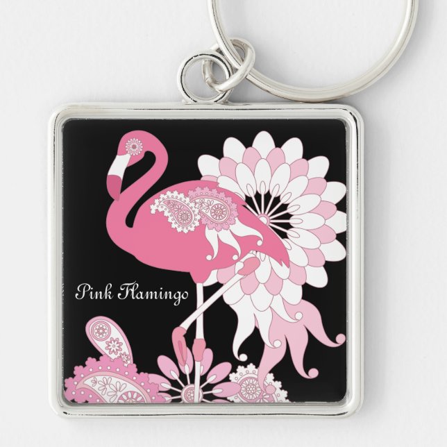 Whimsical Modern Black Pink Flamingo Key Ring (Front)