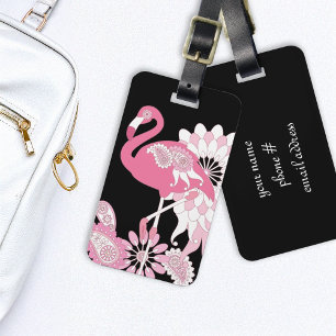 Whimsical Modern Black Pink Flamingo Luggage Tag