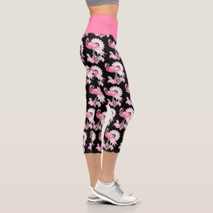 Whimsical Modern Black Pink Flamingo Pattern Capri Leggings
