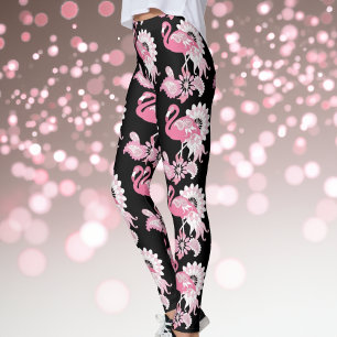 Whimsical Modern Black Pink Flamingo Pattern Leggings